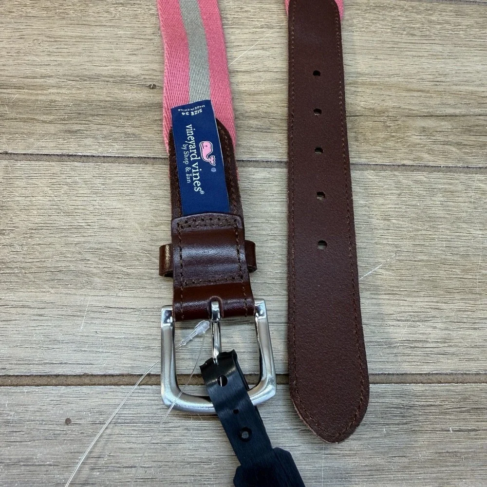 Vineyard Vines Canvas Leather Belt Mens 34 Pink Gray Brown Cowhide Buckle 1.5